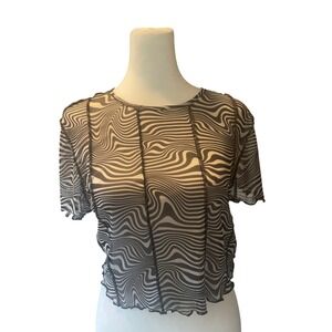 Divided Women Y2K Swirl Sheer Mesh Crop Top XL Brown Lettuce Hem Edgy Festival